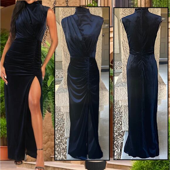 Lulus Navy Blue Ruched Velvet Mock Neck Alluring Image Maxi Dress Size M - Picture 1 of 11